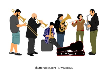 Brass band play on street. Wind instrument concert jazz event. Classic music orchestra with clarinet, flute, trumpet, bugler, saxophone, trombone, tenor horn, flutist. Musician public entertainment.