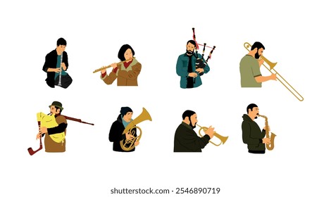 Brass band play vector illustration. Wind instrument concert jazz event. Music orchestra clarinet, flute, trumpet, bugler, saxophone, trombone, tenor horn, flutist, bagpiper. Musician entertainment