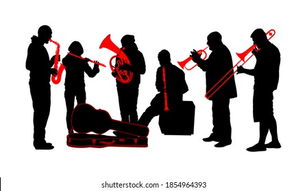 Brass band play vector silhouette. Wind instrument concert jazz event. Classic music orchestra clarinet, flute, trumpet, bugler, saxophone, trombone, tenor horn, flutist. Musician public entertainment