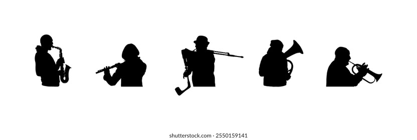 Brass band play vector silhouette illustration isolated. Blow wind instrument concert event. Music orchestra clarinet, trumpet, bugler, saxophone, flute, tenor horn, bagpiper. Musician entertainment. 