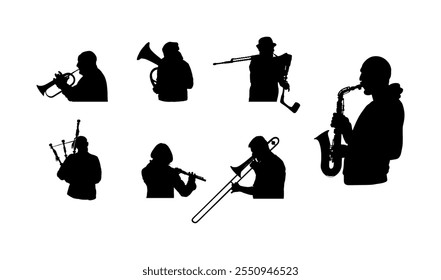 Brass band play vector silhouette. Wind instrument concert jazz event. Music orchestra flute, trumpet, bugler, saxophone, trombone, tenor horn, flutist, bagpiper. Musician entertainment