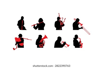 Brass band play vector silhouette. Wind instrument concert jazz event. Music orchestra flute, trumpet, bugler, saxophone, trombone, tenor horn, flutist, bagpiper. Musician entertainment