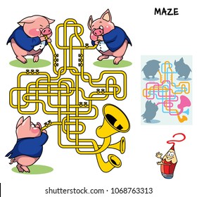 Brass band of three little pigs. Educational maze game for children. Cartoon vector illustration