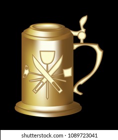 Brass beer tankard with relief of malting tools. 3d photorealistic pitcher on black background. Elegant golden beer jug