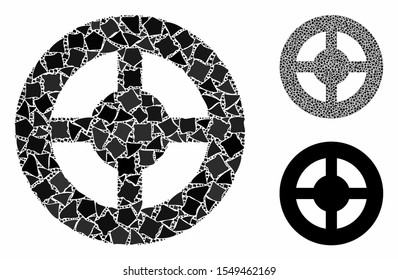 Brass blank wheel composition of joggly elements in variable sizes and color tinges, based on brass blank wheel icon. Vector joggly dots are united into collage.