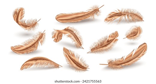 Brass feathers scattered on white realistic vector illustration collection. Metallic plumage variations. Stylish quills 3d elements on white background