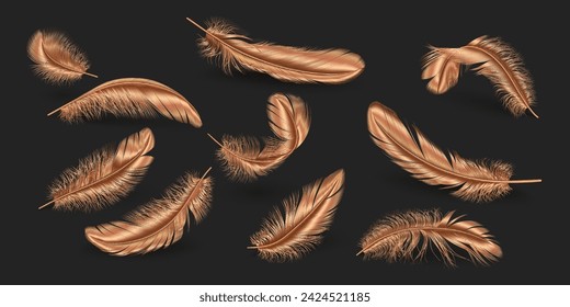 Brass feathers scattered on white realistic vector illustration collection. Metallic plumage variations. Stylish quills 3d elements on dark background