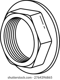 Brass flanged backnut with female thread for securing plumbing fixtures and pipe connections. Vector outline icon.
