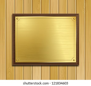 Brass or gold sign/plaque mounted on wood on a wood panel background.