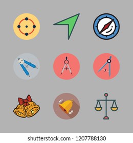 brass icon set. vector set about scale, bell, target and compass icons set.