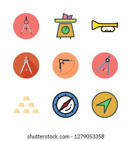 brass icon set. vector set about compass, scale, trumpet and gold icons set.