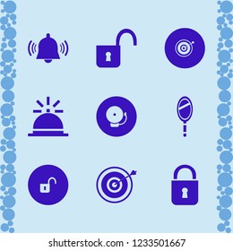 brass icon. brass vector icons set target, open lock, school bell and hand mirror