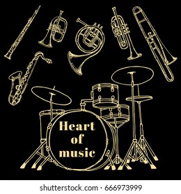 Brass instruments and drum kit on dark background. Hand drawn vector illustration