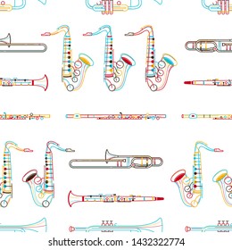 Brass instruments hand drawn outline seamless pattern. Clarinet, flute, saxophone line art texture. Colored contour woodwind instruments on white background. Jazz music festival textile design