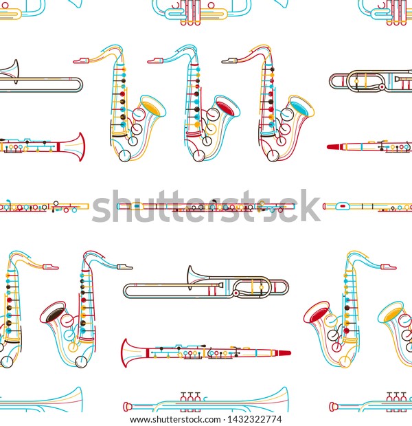 Brass instruments hand drawn outline seamless\
pattern. Clarinet, flute, saxophone line art texture. Colored\
contour woodwind instruments on white background. Jazz music\
festival textile design