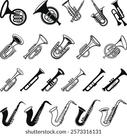 Brass instruments icon set. Trumpet, trombone, tuba, bugle, saxophone, French horn silhouette sign icon symbol vector illustration