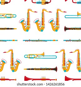 Brass instruments vector seamless pattern. Clarinet, trombone, saxophone texture. Woodwind musical instruments. Jazz concert, rock performance, music festival, classical orchestra background