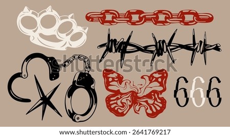 Brass knuckles, chain, barbed wire, hand cuffs, star, swirled butterfly, number of beast. Hand drawn Vector illustration. Tattoo flash, sticker, logo, icon, print, design templates. Isolated elements