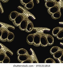 Brass knuckles. Crime seamless pattern. Embroidery style. Template for design of clothes, textiles