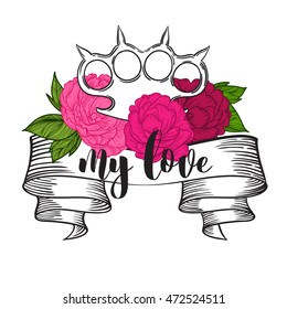 brass knuckles in roses. Old school tattoo style with weapon. vector illustration. the inscription can be replaced