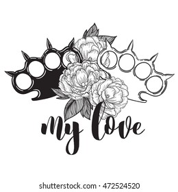 brass knuckles in roses. Old school tattoo style with weapon. vector illustration. the inscription can be replaced