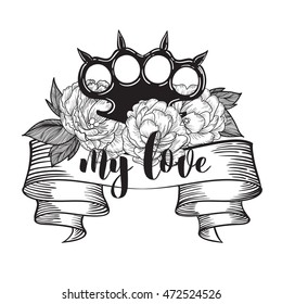 brass knuckles in roses. Old school tattoo style with weapon. vector illustration. the inscription can be replaced