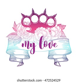brass knuckles in roses. Old school tattoo style with weapon. vector illustration. the inscription can be replaced