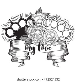 brass knuckles in roses. Old school tattoo style with weapon. vector illustration. the inscription can be replaced