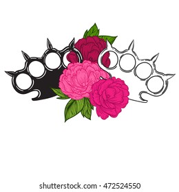 brass knuckles in roses. Old school tattoo style with weapon. vector illustration. the inscription can be replaced