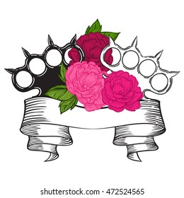 brass knuckles in roses. Old school tattoo style with weapon. vector illustration. the inscription can be replaced