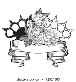 brass knuckles in roses. Old school tattoo style with weapon. vector illustration. the inscription can be replaced