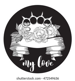 brass knuckles in roses. Old school tattoo style with weapon. vector illustration. the inscription can be replaced