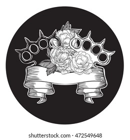 brass knuckles in roses. Old school tattoo style with weapon. vector illustration.
