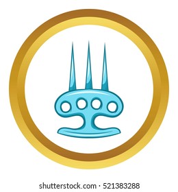 Brass knuckles with spikes, ninja weapon vector icon in golden circle, cartoon style isolated on white background