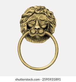 Brass lion head door knocker with intricate details. Lion head design adds elegance. Brass finish enhances the lion head's majestic appearance. Decorative door knocker. Vintage art painting vector.