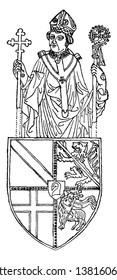 El monumento al bronce se erige en honor de un dibujo o ilustración eclesiástica, vintage de líneas o grabado.