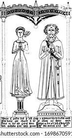 Brass monument is Sir John Corp and Eleanor with his grand-daughter statue, vintage line drawing or engraving illustration.