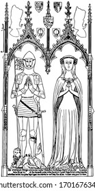 Brass monument is Sir Symon de Felbrigge and Margaret his wife statue, vintage line drawing or engraving illustration.