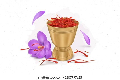 A Brass mortar filled with saffron stamens and flower vector illustration