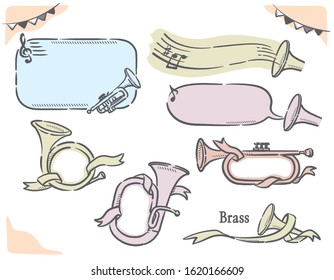 Brass and music themed labels and frames. Vector illustration.