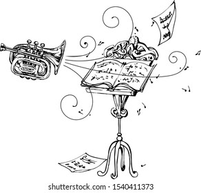 brass musical instrument cornet blowing on music stand concept of creativity vector illustration isolated on white background in black ink in hand drawn style