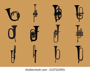 brass musical instrument hand draw icon collection .silhouette icon 