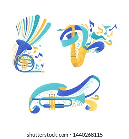Brass musical instruments flat vector illustrations set. Trumpet and saxophone with ribbons. French horn and sax with notes isolated cliparts pack. Woodwind orchestra equipment design elements