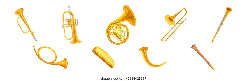 Brass Musical Instruments with French Horn, Trumpet and Clarinet Vector Set