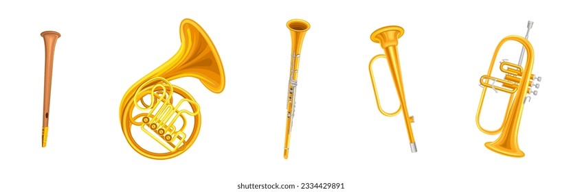 Brass Musical Instruments with French Horn, Trumpet and Clarinet Vector Set