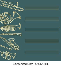 Brass musical instruments. Hand drawn vector illustration. Seamless pattern. Monochrome card with staff. 