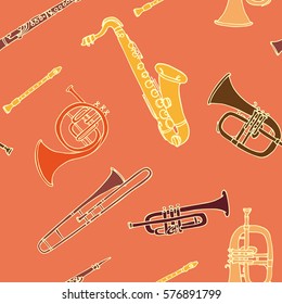 Brass musical instruments. Hand drawn vector illustration. Seamless pattern. Orange background.