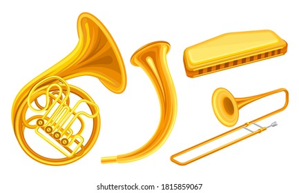 Brass Musical Instruments with Trombone and Horn Vector Set