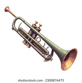 Brass musician blowing shiny trumpet over white