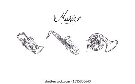 Brass orchestra instrument black outline set illustration with letters text music in a tittle. Saxophone, french horn, cornet vector vintage sketch drawing logo icons. Music instruments collection. 